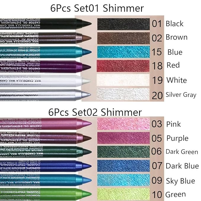 evpct 6Pcs Blue Colored Glitter Eyeliner Pencils Set,Dark Light Blue Green Purple Red Pink Metallic Colorful Liquid Eye Liner Set Women Waterproof
