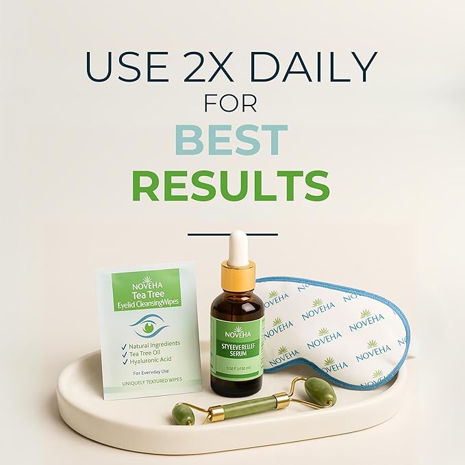 NOVEHA 180PCs Tea Tree Oil Eyelid & Lash Wipes With Hyaluronic Acid, Green Tea & Chamomile For Blepharitis & Itchy Eyes, Individually Wrapped Eyelash Wipes Natural Makeup Remover & Daily Cleanser