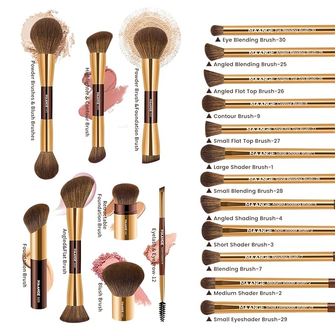 MAANGE 20 PCS Makeup Brush Set, Double-ended Kabuki Brush Foundation Contour Brush for Liquid Powder Concealer Eye Shadows Cream Cosmetics Blending Blush Face Makeup Tools with Case (Coffee Gold)