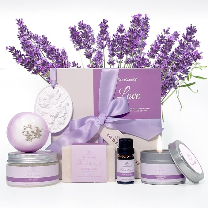 Lavender Spa Set for Women, Bath Set Self Care for Women, Nourishing 7 Piece Home Spa Set, Birthday Gift and a Gift For Mom