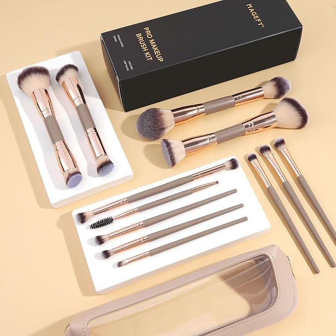 MAGEFY Makeup Brushes 12Pcs with Bag, Double-End Multi-functional for Foundation Powder Blush Eyeliner Eyeshadows brushes with Gift Box,Champagne