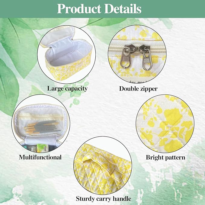 Yellow Large Quilted Floral Makeup Bag Set of 3 Cute Coquette Aesthetic Cosmetic Bag Set Travel Toiletry Bag for Women