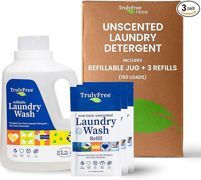 Truly Free Laundry Wash Detergent for Sensitive Skin, Gentle & Safe for Baby Clothes | Plant-Based, Natural Ingredients | Unscented | Include 1 Refillable Bottle (150 Loads)