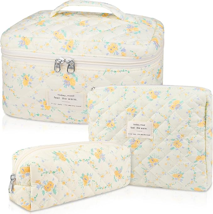 Quilted Makeup Bag Set, Large Floral Cosmetic Bag for Women, Cute Cotton Makeup Bag, Flower Travel Toiletry Organizer Bag (Yellow Daylily)