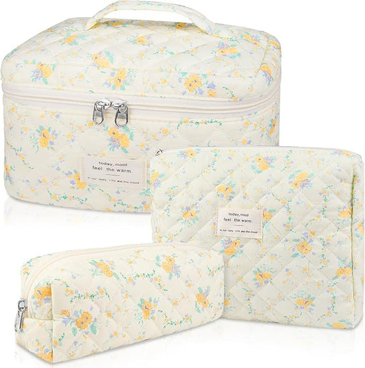 Quilted Makeup Bag Set, Large Floral Cosmetic Bag for Women, Cute Cotton Makeup Bag, Flower Travel Toiletry Organizer Bag (Yellow Daylily)