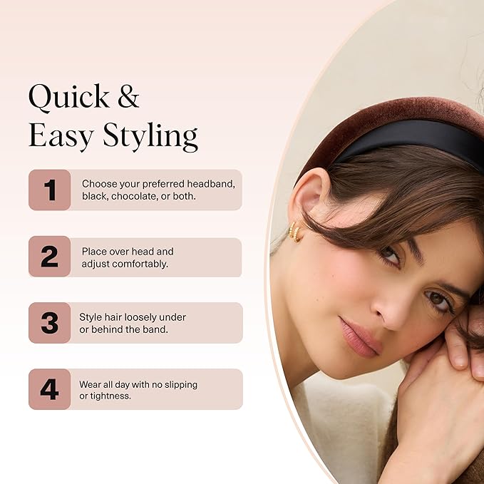 Kitsch Velvet & Satin Headbands for Women - Non Slip, Soft and Lightweight - Stylish Headbands for Girls with Chic Neutral Shades | Ideal Gifts for Women - Black & Chocolate, 2pc Set