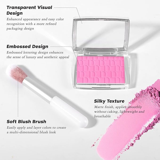 Coral Blush Powder Blush for Cheeks with Brush, Matte Blush Palette Blush Powder Face Blusher, Natural Blendable Formula Silky Lightweight Makeup Blush Rubores de Maquillaje, 004#