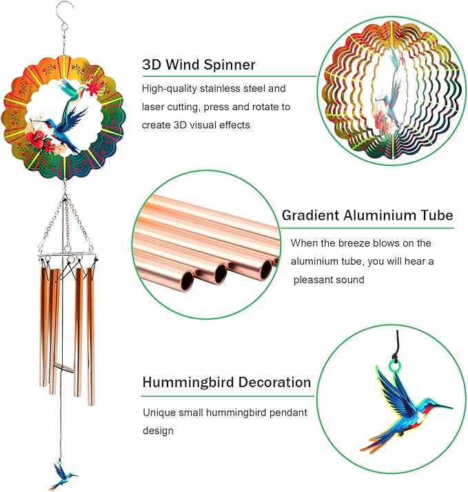 Wind Chimes with Hummingbird Wind Spinner, Mom Gifts for Christmas Grandma Mom Women Birthday Retirement Teacher, 31" Windchimes Outdoor Decor Hanging Mobile for Garden Porch Patio Backyard