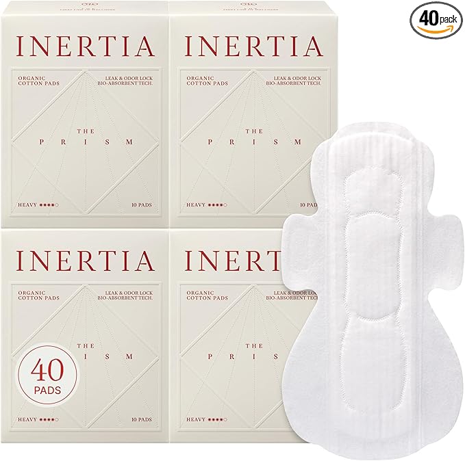 Truly Organic INERTIA Pads - The Prism with Wings for Women Heavy Absorbency (40 Count) - The Best Absorbency, NO Petroleum-Based microplastic, Chlorine, or Fragrance. (Pack of 4)