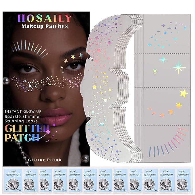 10pcs Holographic Chameleon Silver Glitter Freckles Face Tattoo Set, Color Shift Waterproof Sparkle Face Speckles Patches for Women, Cute Star Temporary Tattoo Fairy Makeup Rave Accessories