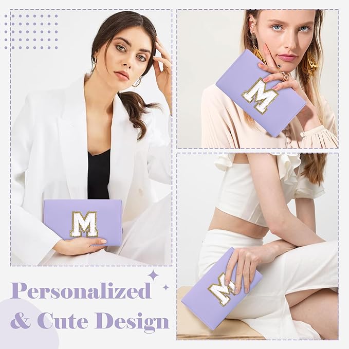 Personalized Makeup Bag Initial A-Z Preppy Patch Bag,Small PU Leather Travel Cosmetic Bag Pouch with Zipper,Purple Cute Toiletry Bag,Gift Ideal for Teen Girls Women Birthday Friend Mom,Latter M