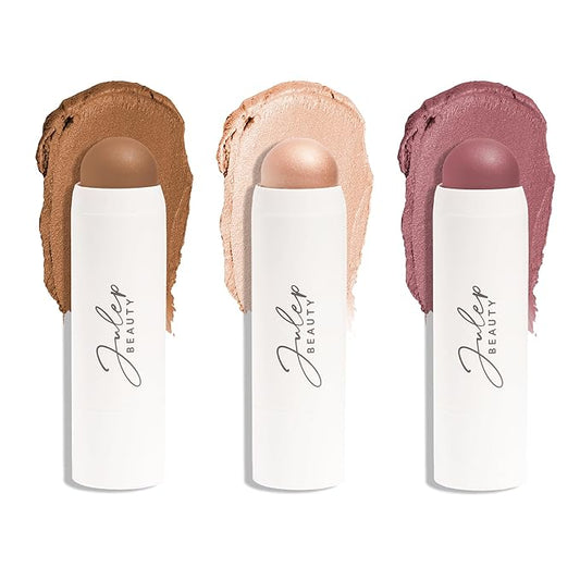 Julep Skip the Brush 3-in-1 Color Stick for Eyes, Cheeks, and Lip Trio Muted Mauve, Neutral Bronze, Sheer Glow
