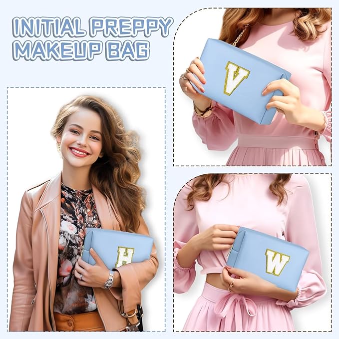 TOPEAST Preppy Stuff for Girls, Initial Makeup Bag Chenille Letter Pouch Cosmetic Bag with Zipper, PU Leather Waterproof Toiletry Bag, Cute Stuff Birthday Gift for Friends Sister (Sky Blue T)