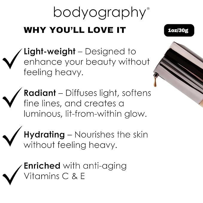 BODYOGRAPHY Natural Finish Foundation (Medium/Dark/Cool #220) | Oil-Free, Anti-Aging Salon Foundation with Vitamin E & C | Photo-Ready, Skin-Perfecting Coverage | Vegan, Gluten-Free, Paraben-Free