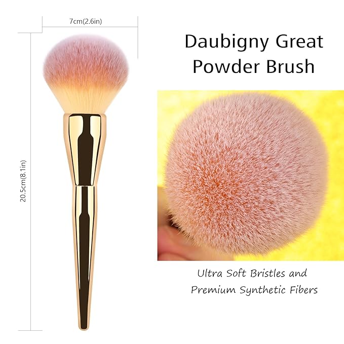 Powder Brush,Daubigny Large Powder Brush Flat Arched Premium Durable Kabuki Makeup Brush Perfect For Blending Liquid,Cream and Flawless Powder,Buffing, Blending,Concealer (Gold)