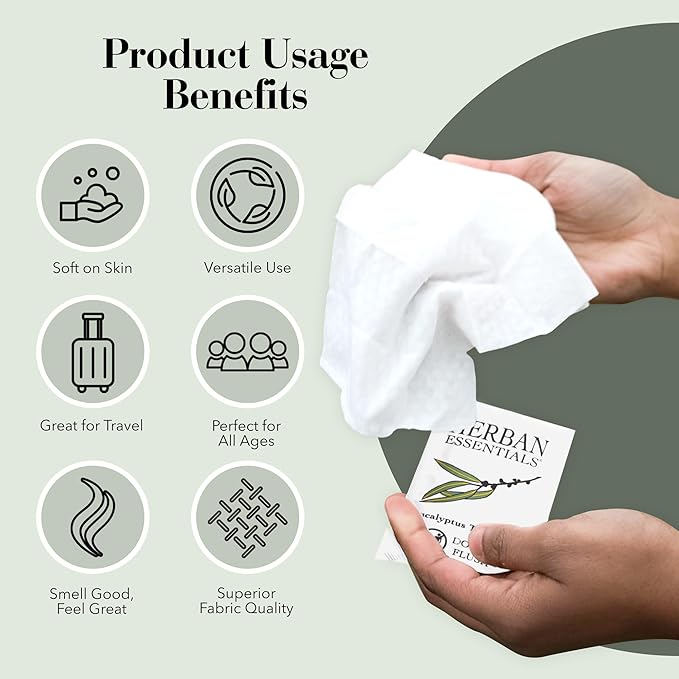 Herban Essentials - Eucalyptus Wipes & Towelettes - Essential Oil Wipes for Hands & Body - Travel Size Essentials and Toiletries - Natural, Individually Wrapped, Disposable & Moist Refresh (7 count)