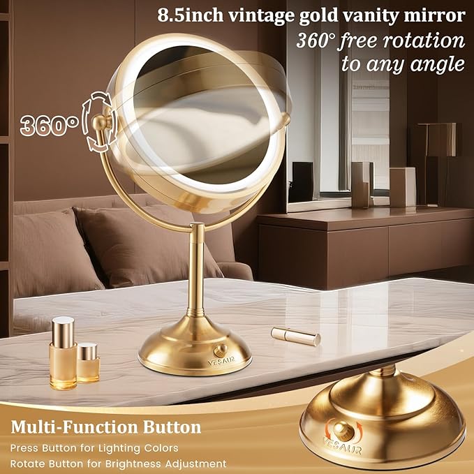 VESAUR 8.5'' Large Gold Lighted Makeup Mirror, 1X/10X Clear Seamless Magnifying Mirror, Bright Vanity Mirror with 3 Colors Dimmable Lights, Two-Sided 360°Rotation Stable Base, Luxury Nickel, Gift Box