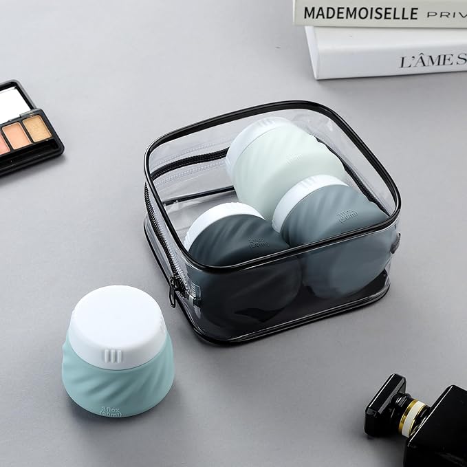 Gemice Silicone Cream Jars TSA Approved Travel Size Containers with Clear Bag, Leak-proof Travel Accessories with Lid for Cosmetic Face Body Hand Cream (4 Pack)