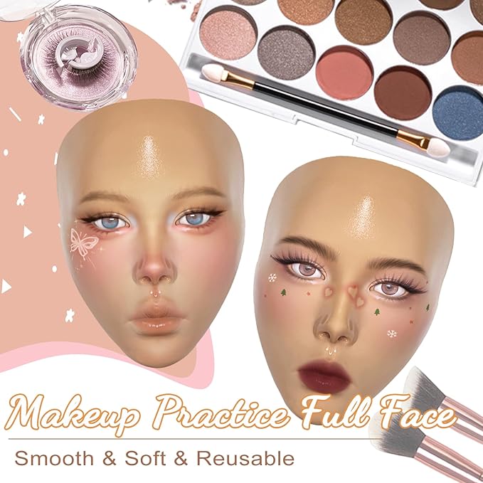 Makeup Practice Face Board, Silicone Makeup Mannequin Head for Facial Practice, Doll Head Makeup Kit for Girls, 5D Face Makeup Set, Doll Repainting Practice Makeup