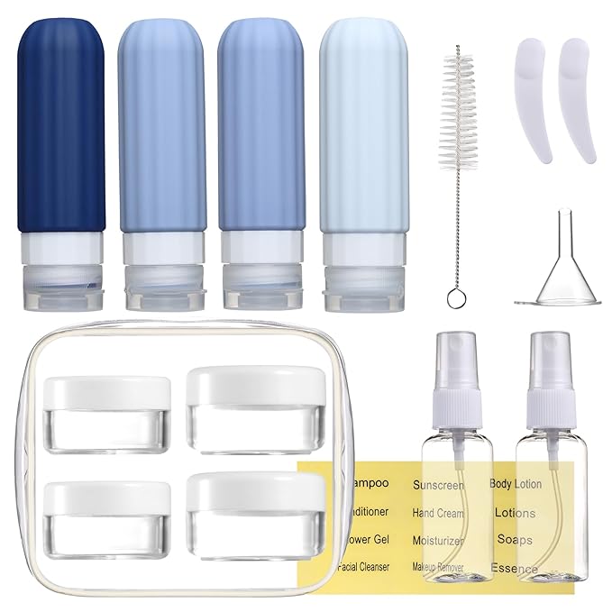 16 Pack Travel Bottles Set for Toiletries, Leakproof Travel Containers for Toiletries TSA Approved Silicone Travel Accessories Squeezable Refillable 3oz for Shampoo Conditioner Lotion Blue