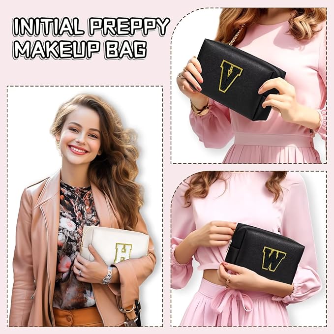 TOPEAST Initial Makeup Bags for Women, Personalized Portable Cosmetic Bag for Travel, Cute Makeup Pouch, PU Leather Waterproof Toiletry Bag, Preppy Things for Girl (Black V)