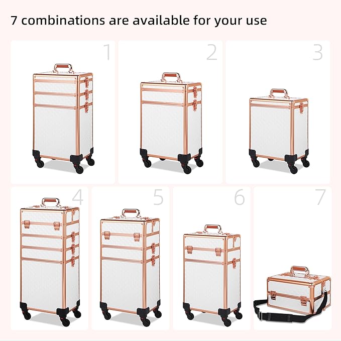 Rolling Makeup Case, Makeup Train Case with Lid, 5 in 1 Cosmetology Case on Wheels, Christmas Gift, Large Makeup Organizers, Profesional Cosmetic Case for Salon Barber, White Gold