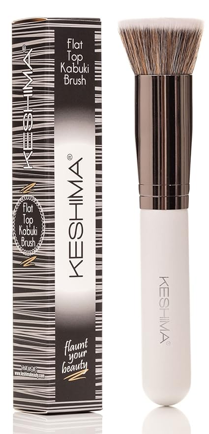 Keshima Foundation Brush Flat Top Kabuki - Premium Foundation Brush for Liquid Makeup, Cream, and Powder - Buffing, Blending, and Face (Regular Size, White)