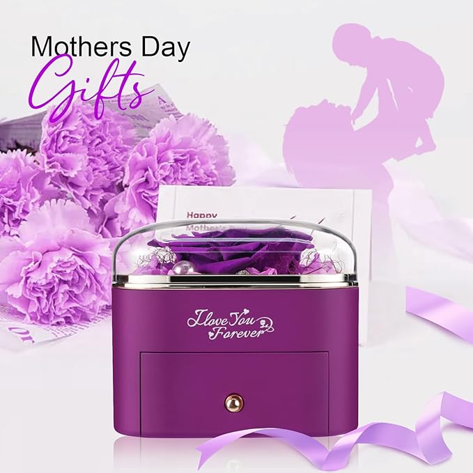 Preserved Real Purple Rose with Angle Wings Necklace, Forever Flowers Gifts for Mom Grandma Wife Girlfriend at Christmas Valentines, Anniversary Birthday Gifts for Women, I Love You Gifts for Her