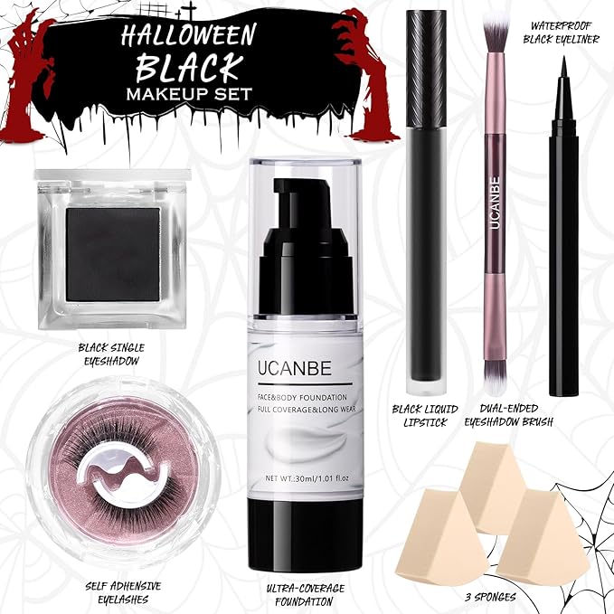 UCANBE Black Halloween Makeup Kit – Skeleton Skull Vampire Gothic Makeup Set for SFX Cosplay Costume -Eyeshadow, White Foundation, Black Lipstick & Eyeliner, Self Adhensive Eyelashes, Brush & Sponges