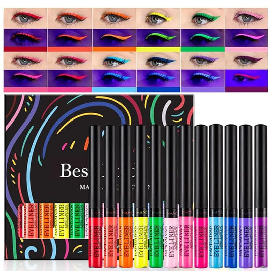 BestLand 12 Colors Matte Liquid Eyeliner Set Colorful UV Neon Eyeliner Pencil Pigmented Waterproof Smudgeproof Long Lasting Eye Liner Xmas Christmas Festival Makeup Gift Kit for Women (Set C)