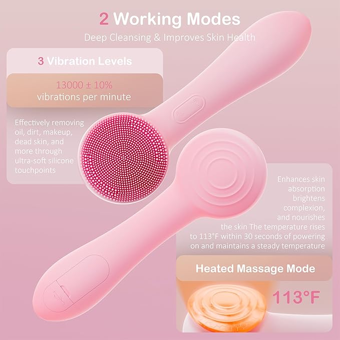 Facial Cleansing Brush Silicone Face Scrubber Waterproof Rechargeable Exfoliator Massage Device for Men & Women, Deep Pore Cleansing, Exfoliating, Removing Blackhead Electric Face Scrub Brush (Pink)