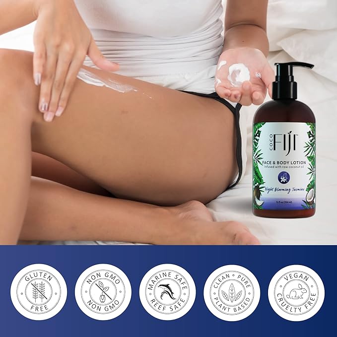 Coco Fiji Face & Body Lotion Infused With Coconut Oil | Lotion for Dry Skin | Moisturizer Face Cream & Massage Lotion for Women & Men | Night Blooming Jasmine 12 oz, Pack of 3