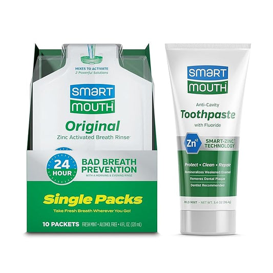 SmartMouth TSA Approved Travel Toothpaste & Oral Rinse - SmartMouth Original Activated Oral Rinse Packs & Travel Size Premium Toothpaste, 3.4 Ounce