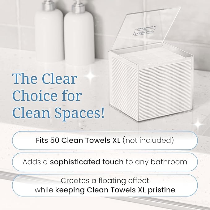 CLEAN SKIN CLUB Clear Acrylic Box for Clean Towels XL (NOT Included), Container For 50 Disposable Clean Towels XL, Face Towelettes Bathroom Counter Storage, Bin for Cleansing Facial Dry Wipes