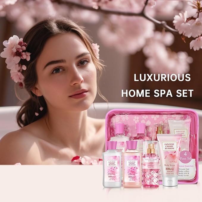 Bath and Body Gift Set for Women and Girls,Japanese Cherry Blossom,4PCS Set for-Shower Gel,Body Lotion,Body Mist,Exfoliating Scrub,Body Care Travel Set for Birthday Mother's Day Gifts