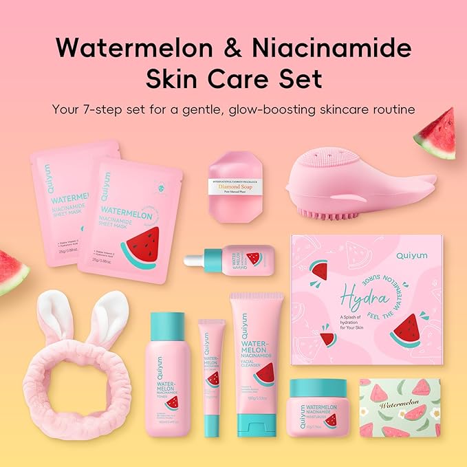 Watermelon Skin Care Kit for Girls Teen, 7 Daily Routine Beauty Skincare Sets- Gift Set with Facial Cleanser, Toner, Eye Cream, Cream, Serum, Facial Mask, Handmade Soap, Face Care Set for Travel