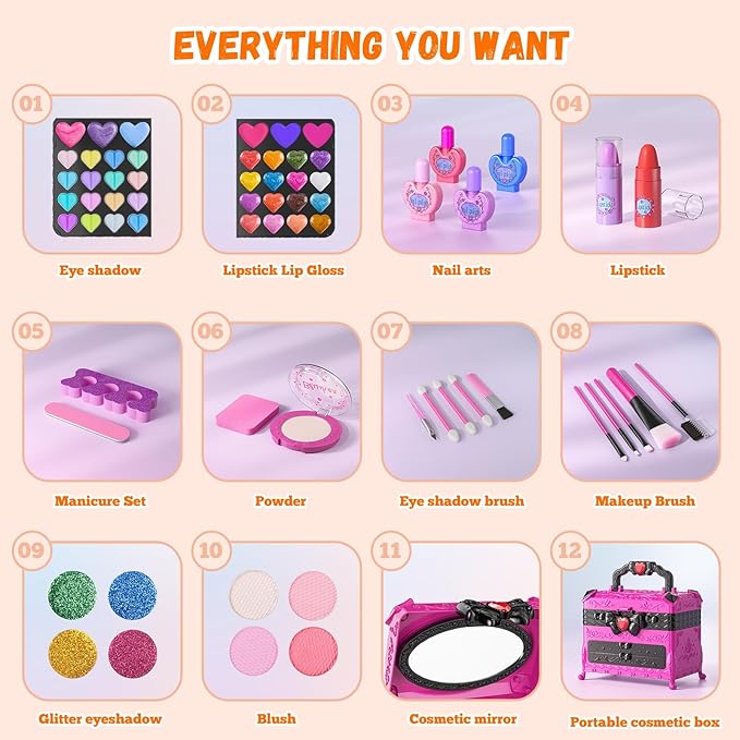 Kids Makeup Kit for Girl - 66Pcs Kids Washable Makeup Kits, Real Makeup Girls Toys Girl Makeup Sets for Toddler Kid Children Christmas Birthday Gifts Toys for 3 4 5 6 7 8 9 10 11 12 Year Old