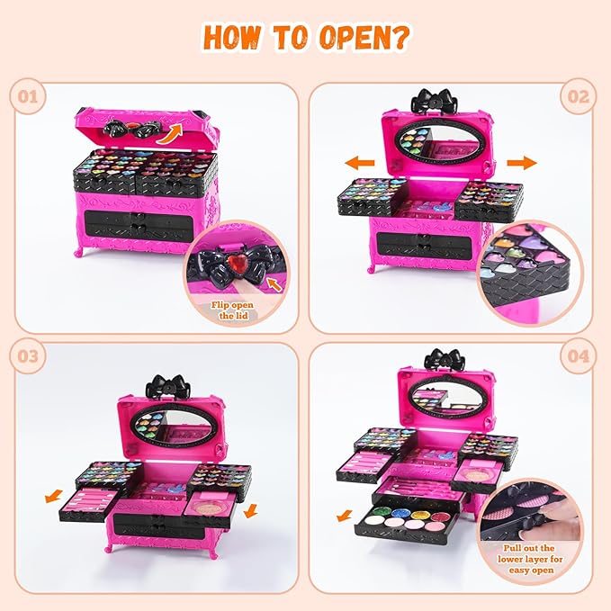 Kids Makeup Sets for Girls, 66pcs Real Cosmetic for Kids Toys with Mirror, Princess Washable Girls Makeup Kit, Non-Toxic & Safe Brithday Gifts for 3 4 5 6 7 8 10 - 12 Years Old（Light Rose）