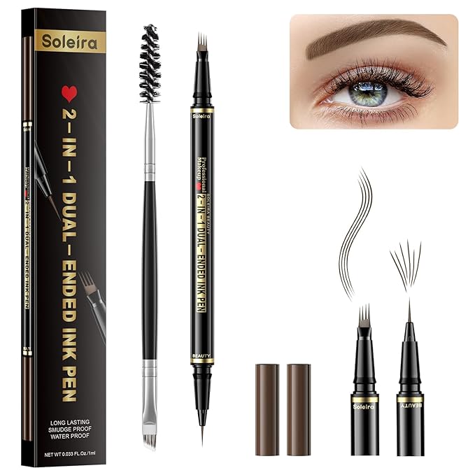 Eyebrow Pen, Soleira Waterproof Eyebrow Pencil with 4 Tip Microblading Eyebrow Pen and Dual-ended Eyebrow Brush, for Natural-Looking Brows, Long-Lasting, Ash Brown