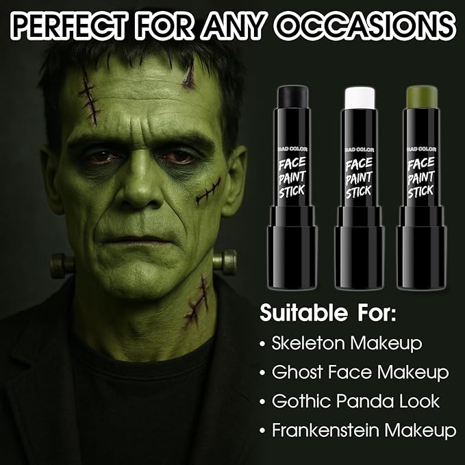 BADCOLOR 3PCS Black White Orge Green Face Body Paint Stick Makeup for Frankenstein/Witch/Grinch/Hulk/Alien/Demon/Evil Clown SFX Cosplay & Dress Up, Full-Coverage Halloween Facepaint Makeup Kit