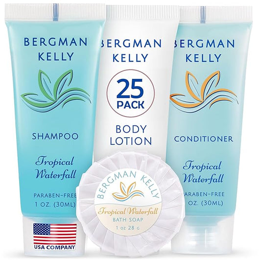 BERGMAN KELLY Hotel Toiletries Bundle (Tropical Waterfall, 1 oz each, 100 Pieces) 4-Piece Set: 25 Round Bar Soap, 25 Shampoo, 25 Conditioner & 25 Body Lotion - Bulk Mini Guest Amenities Supply