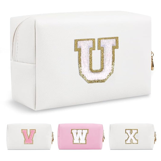 Small Personalized Initial A-Z Preppy Patch Makeup Bag,White PU Chenille Letter Travel Cosmetic Pouch with Zipper,Cute Toiletry Bag,Gift Ideal for Teen Girls Women Teacher Bridesmaid,Letter U