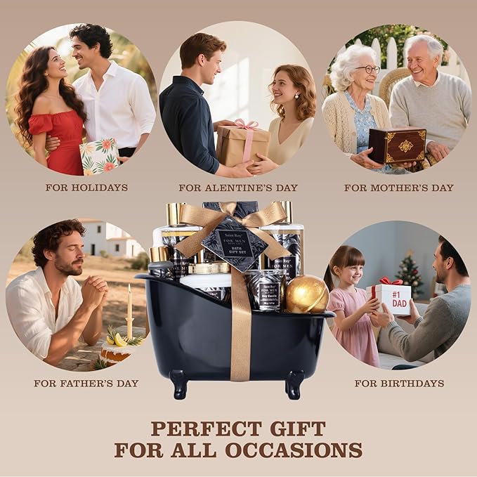 Gift for Dad Spa Gifts for Men, Bath & Body Kit, Spa Gift Set, Man Spa Basket Set for Dad, Mens Perfume Bath and Body Gift Set, Ideal Christmas Birthday Self Skin Care Set for Man Leather Wallet