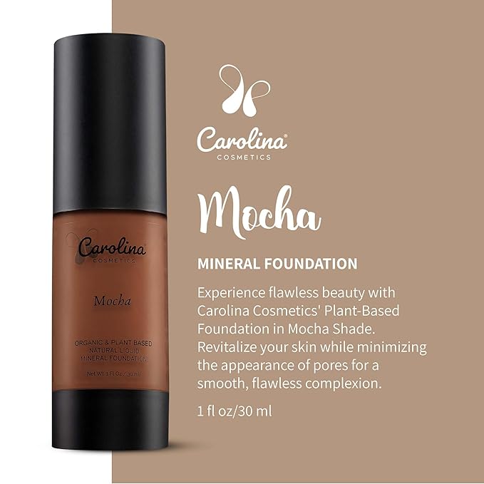 Plant-Based Foundation in Mocha Shade - Hydrating, Pore-Minimizing & Buildable Coverage - Vegan, Non-GMO, Gluten-Free, Paraben-Free- Sun Protection - 1Fl Oz