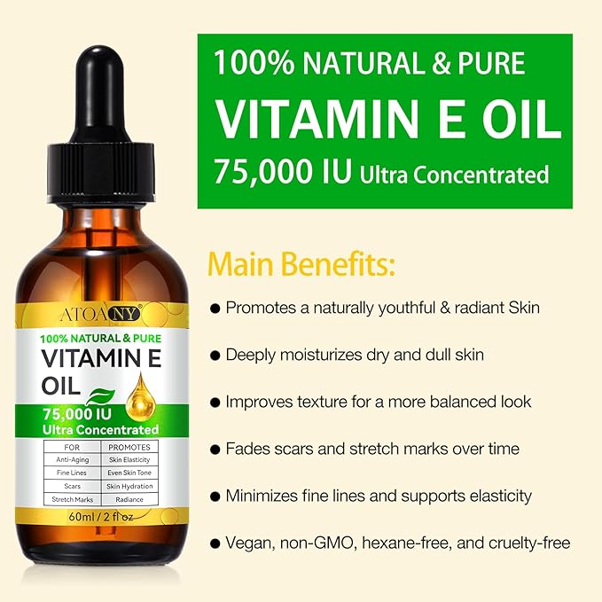Vitamin E Oil, 75,000 IU Organic Pure Vitamin E Oil for Tightening Plump Skin, Reduce Fine Lines & Scars, Moisturizing Skin, Face & Full Body- 2Fl Oz