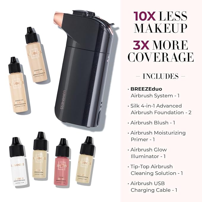 Luminess BREEZE DUO Airbrush Makeup System, Fair Coverage – 9-Piece Kit includes 2x Silk Airbrush Foundation, Soft Rose Blush, Glow Highlighter, Moisturizer Primer, and Airbrush Cleaning Solution