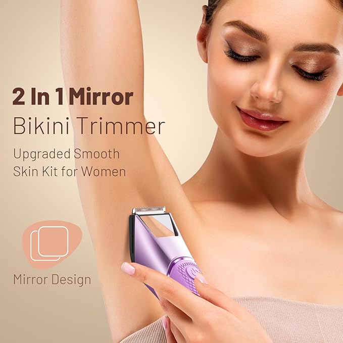 Bikini Trimmer for Women: Pubic Hair Razor with Mirror & LED Light, Electric Shaver with Ceramic Blades & Travel Lock - Body Groomer IPX7 Waterproof Use for Legs/Arm/Underarm - Purple