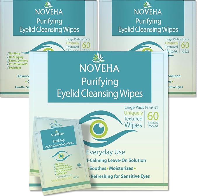 NOVEHA 180PCs Eyelid & Lash Wipes | For Itchy, Dry Eyes, Styes & Blepharitis | Gentle Refreshing Eye Scrub Cleansing Wipes, Hypoallergenic & Soothing For Sensitive Eyes | Vegan Face Moisturizer
