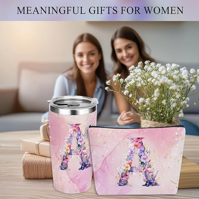 Personalized Gifts Monogrammed Birthday Gifts for Women, Bridesmaid Bachelorette Party Wedding Christmas Initial 20 oz Tumbler, Makeup Bag Pens Journal Notebook 6 Set, (Aesthetic Pink Flower A)