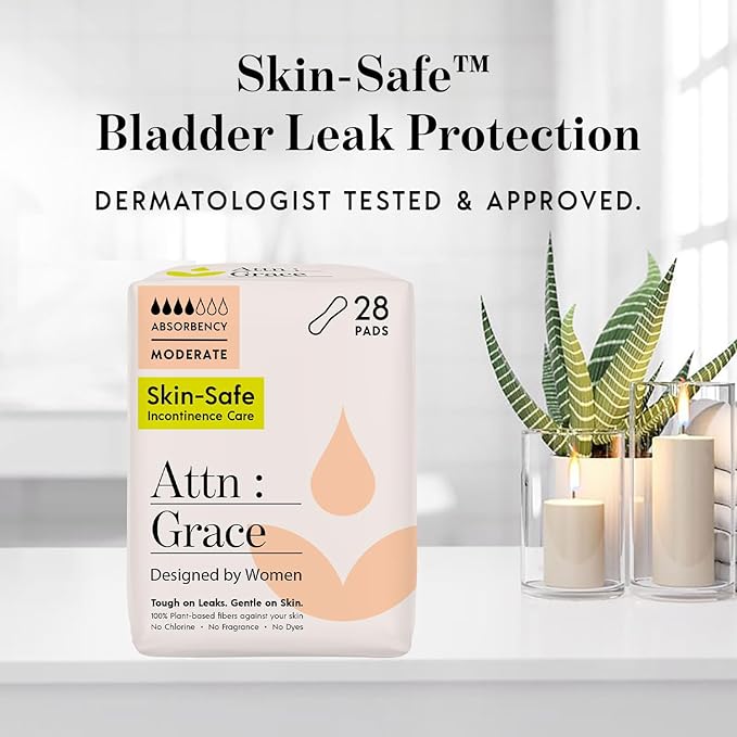 Attn: Grace Moderate Incontinence Pads for Women, 28-Pack - High Absorbency, Breathable, Plant-Based - Incontinence Pads for Moderate Bladder Leaks & Sensitive Skin